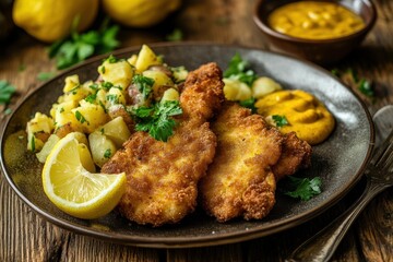 Traditional Wiener schnitzel with potato salad, fresh parsley, lemon wedge, and mustard sauce on a rustic plate