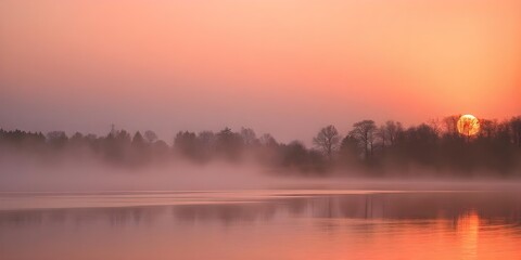 Fototapeta premium Sunset Over Misty Lake with Trees and Reflection