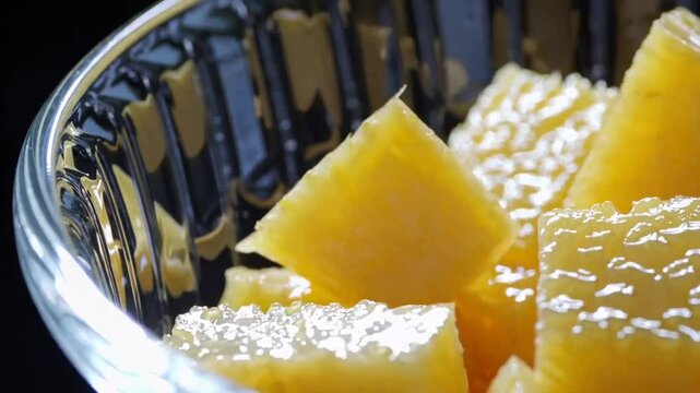 Juicy pineapple chunks in glass bowl, tropical fruit freshness, healthy summer snack, perfect for picnics and barbecues