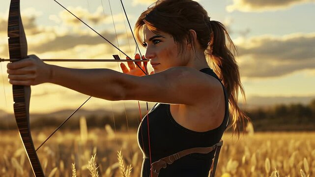 Woman holding bow and arrow. Young girl is hunting in field with a bow. A glare of the sun in the sky. A woman grasping a bow and arrow lifestyle.