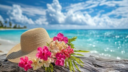 Beach Scene Summer Hat and Flowers