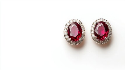Bold chandelier earrings with ovalcut rubies and a halo of diamonds, isolated on a clean white background