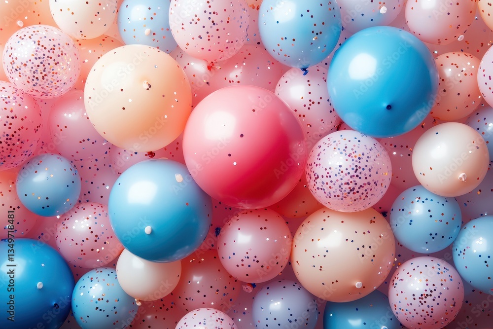 Poster colorful assortment of spheres and confetti elements arranged in a vibrant display for a festive cel