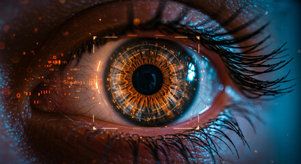 Futuristic Eye Scan Close up of Human Iris with Digital Overlay and Data Stream