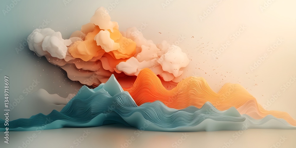 Poster ethereal abstract landscape with topographic terrain and fluid rainfall data visualization showcasin