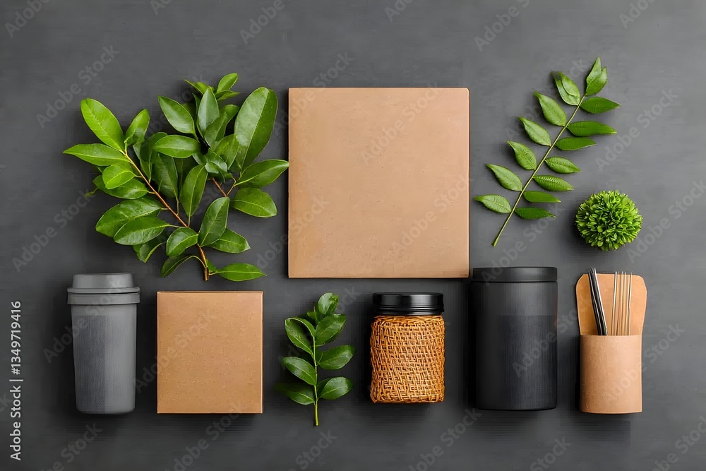 Poster flat lay arrangement of an assortment of storage containers cardboard wicker and metal pieces in var