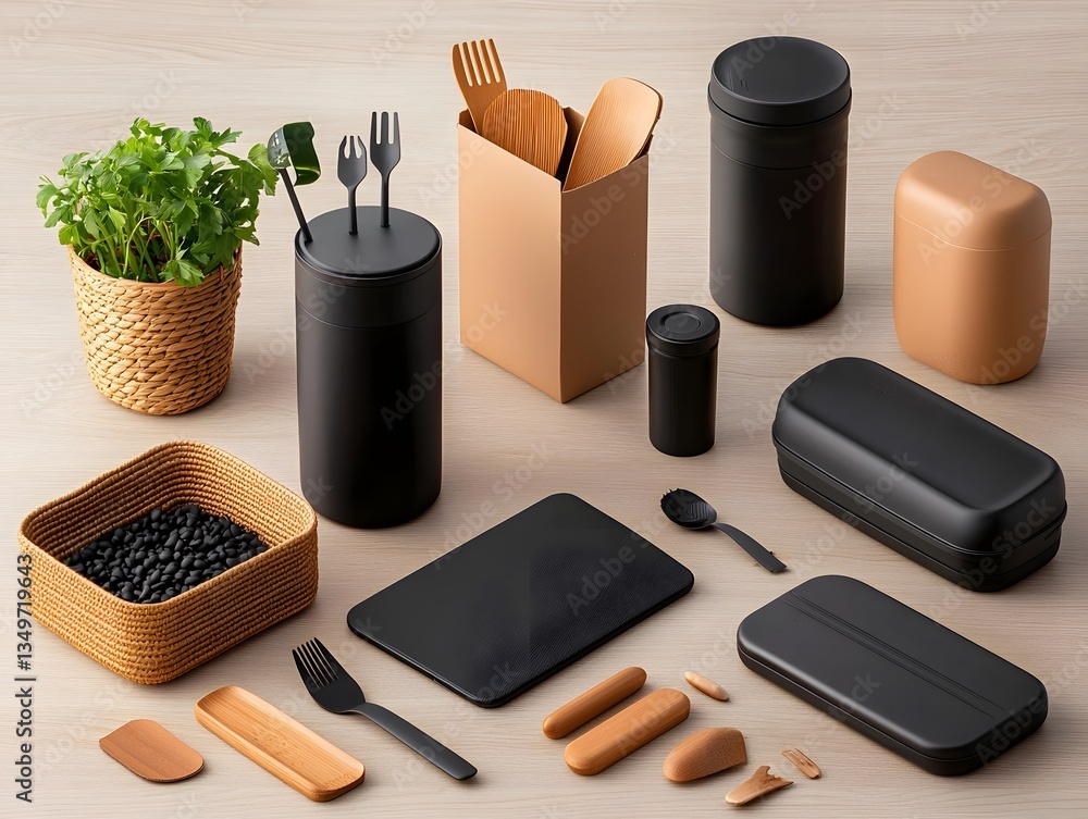 Poster flat lay arrangement of various household storage containers cardboard boxes wicker baskets and meta