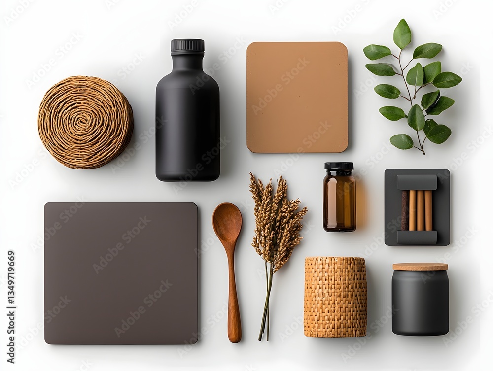 Poster flat lay arrangement of various sized and shaped storage containers made of cardboard wicker and met