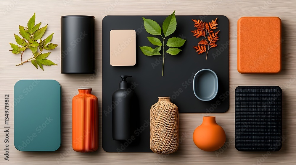 Poster flat lay arrangement of various storage containers featuring cardboard wicker and metal elements dis