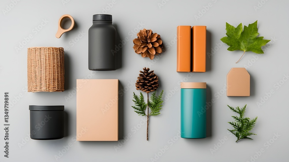 Aufkleber flat lay arrangement of various storage containers made from cardboard wicker and metal in different