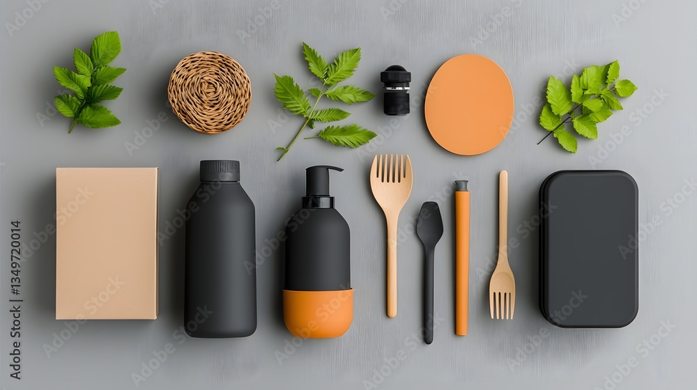 Poster flat lay composition featuring a variety of trendy storage containers in different materials sizes a