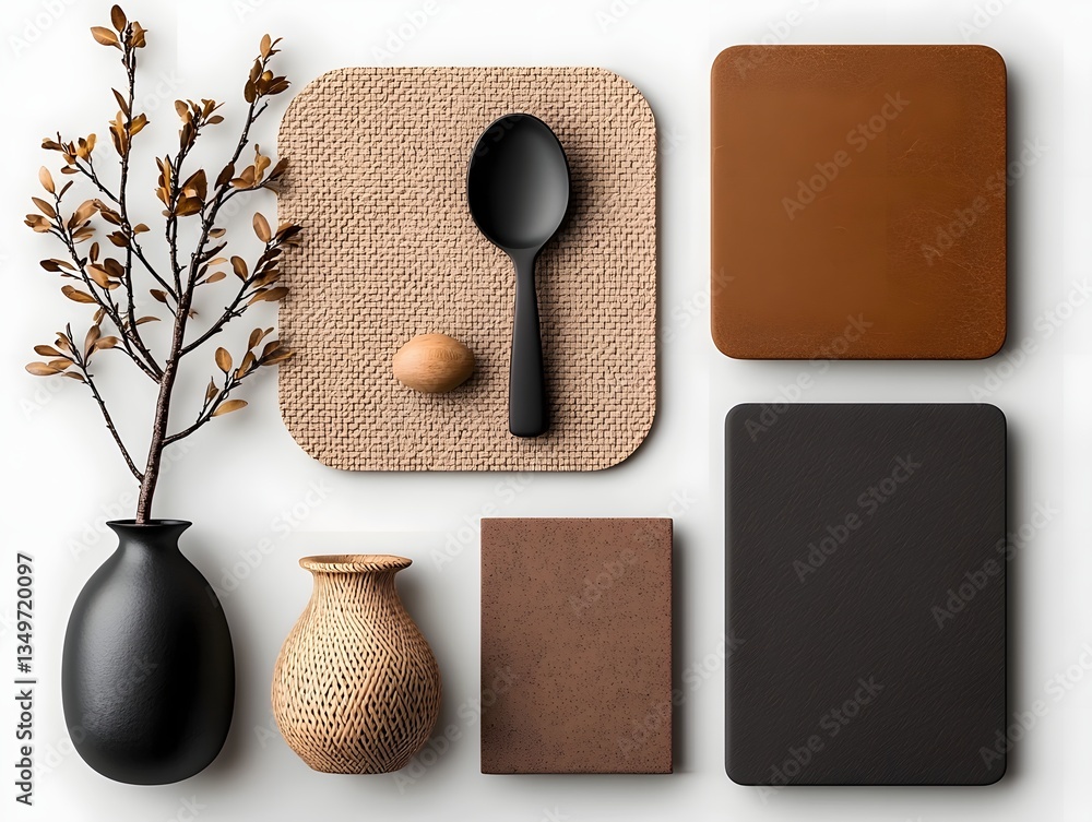 Poster flat lay composition featuring an assortment of stylish storage containers in various shapes sizes a