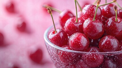 Fresh Cherry Bowl on Pink Background.