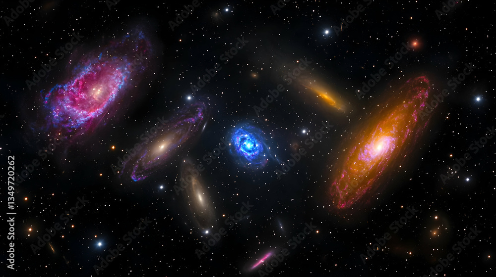 Aufkleber panoramic view of galaxies clusters with colorful nebula formations and glowing stars in the deep sp