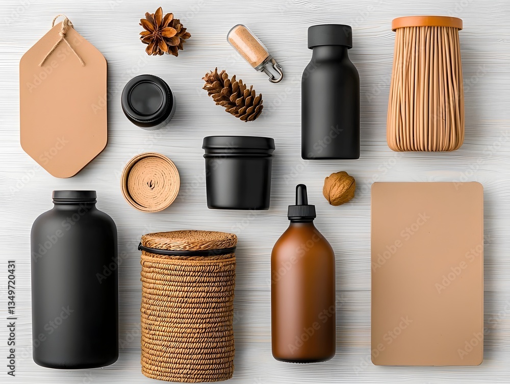 Poster flat lay arrangement of various trendy and minimalist storage containers in assorted sizes shapes an