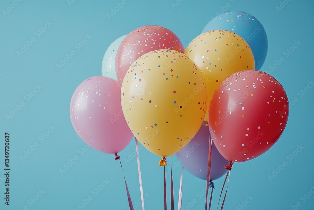 Poster Colorful assortment of spheres and confetti elements arranged in a vibrant display for a festive celebration