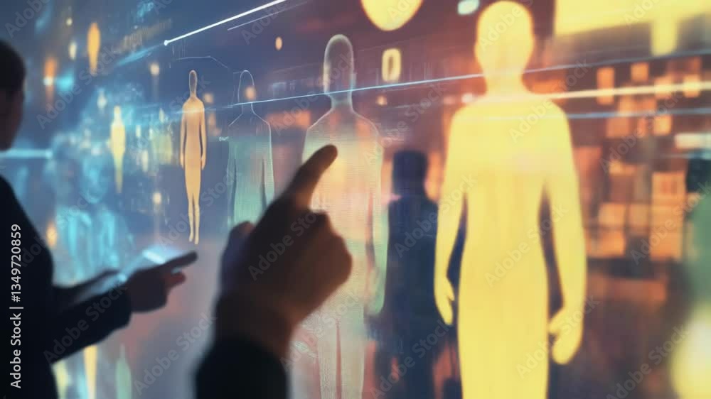 Poster a closeup of hands pointing at a floating holographic interface of consumer demographics and market 