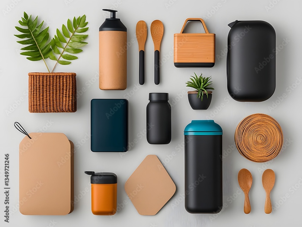 Poster flat lay of an assortment of different sized and shaped storage containers made from cardboard wicke