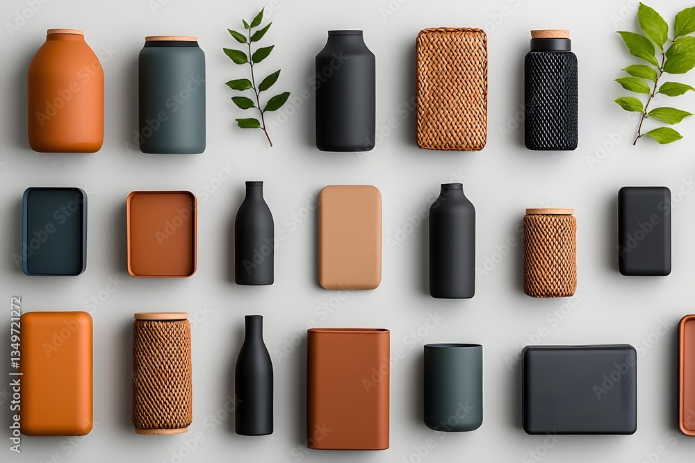 Poster flat lay of an assortment of storage containers cardboard wicker and metal pieces in various sizes a