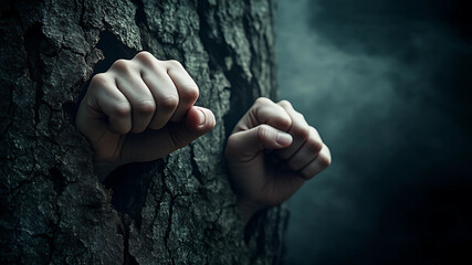 Fists Breaking Free from Tree Bark