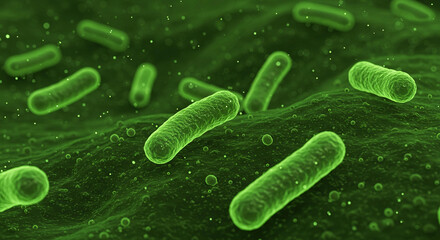 Microscopic Green Bacteria Cells Rod Shaped Bacilli Close Up View