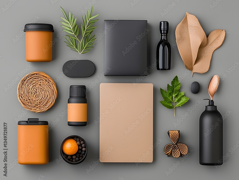 Poster flat lay of an assortment of stylish storage containers cardboard wicker and metal pieces in various