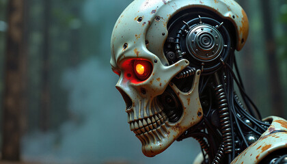Weathered Robotic Skull with Glowing Eyes, Close-up Profile View