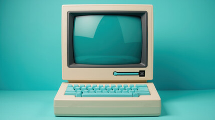 Retro computer with turquoise accents on bright background, evoking nostalgia