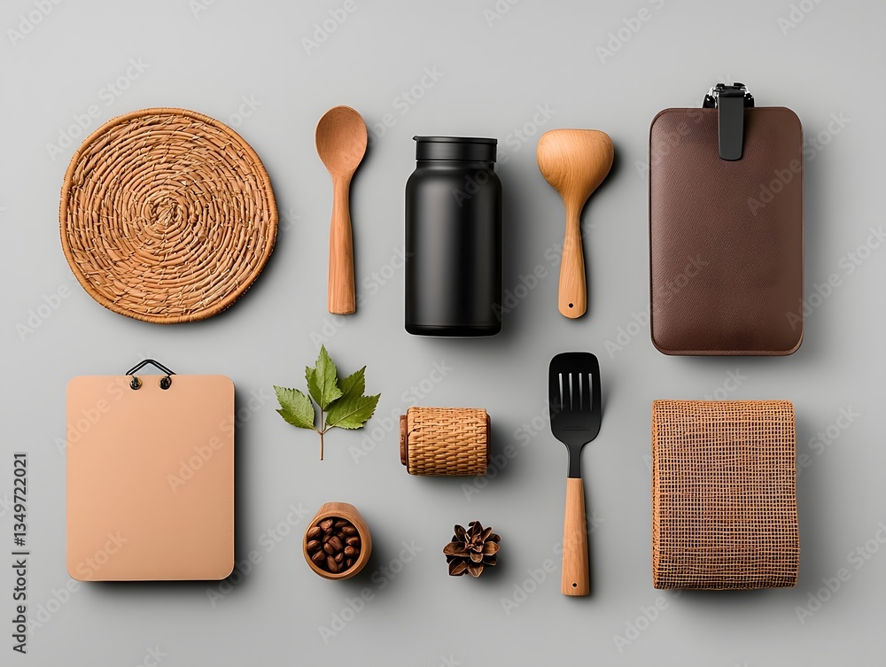Aufkleber flat lay of an expertly curated assortment of various storage containers cardboard wicker and metal 