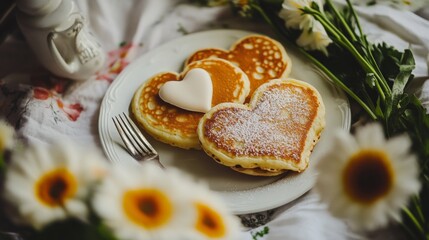 Obraz premium A surprise breakfast in bed with heart-shaped pancakes and fresh flowers cozy and loving morning gesture