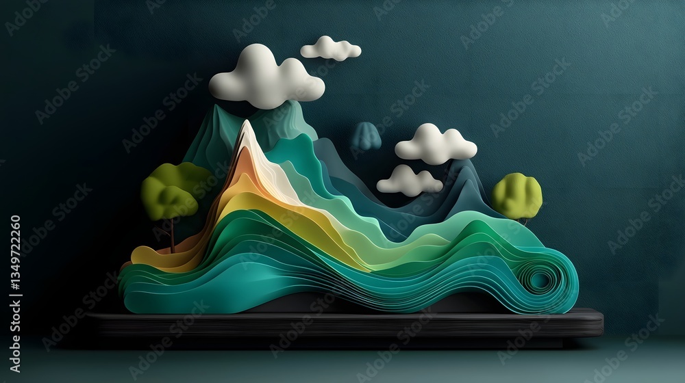 Poster flowing and fluid topographic data visualization of dynamic weather statistics and patterns depicted