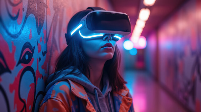 woman wearing futuristic virtual reality headset stands in colorful hallway, illuminated by neon lights, creating vibrant atmosphere