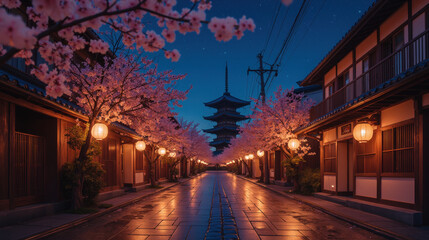 Fototapeta premium serene street lined with cherry blossom trees, illuminated by lanterns, leading to traditional pagoda at dusk