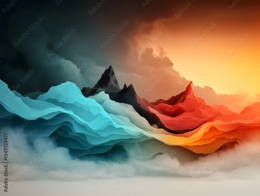 Poster fluid dynamic rainfall pattern visualization as mesmerizing data driven topographic landscape artwor