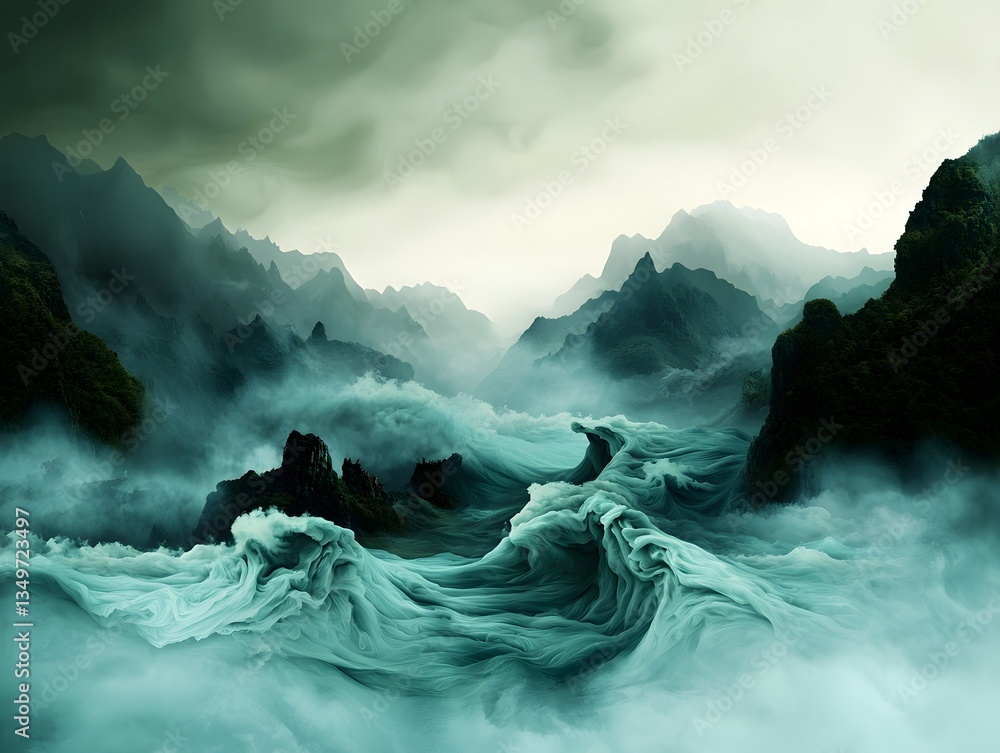 Poster fluid dynamic rainfall pattern visualization in a mesmerizing data driven topographic landscape