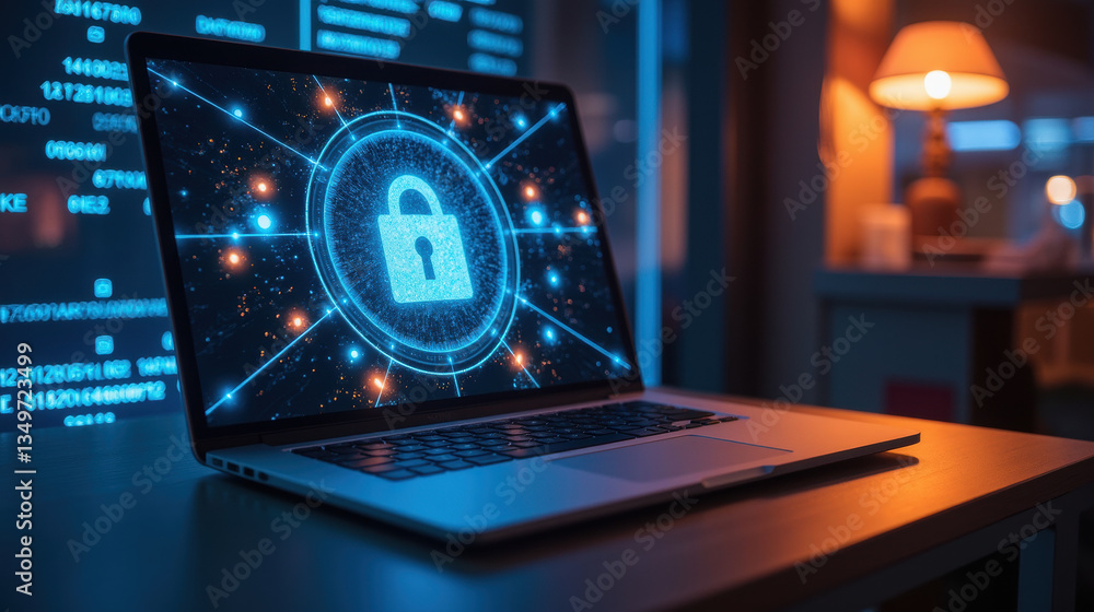 Poster laptop displaying digital lock symbol, representing cybersecurity and data protection. background features glowing data streams, creating tech