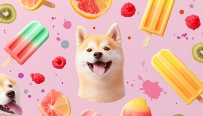A cheerful Shiba Inu surrounded by colorful popsicles and vibrant fruits on a pink background, evoking a fun and playful atmosphere.