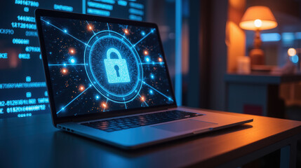 laptop displaying digital lock symbol, representing cybersecurity and data protection. background features glowing data streams, creating tech