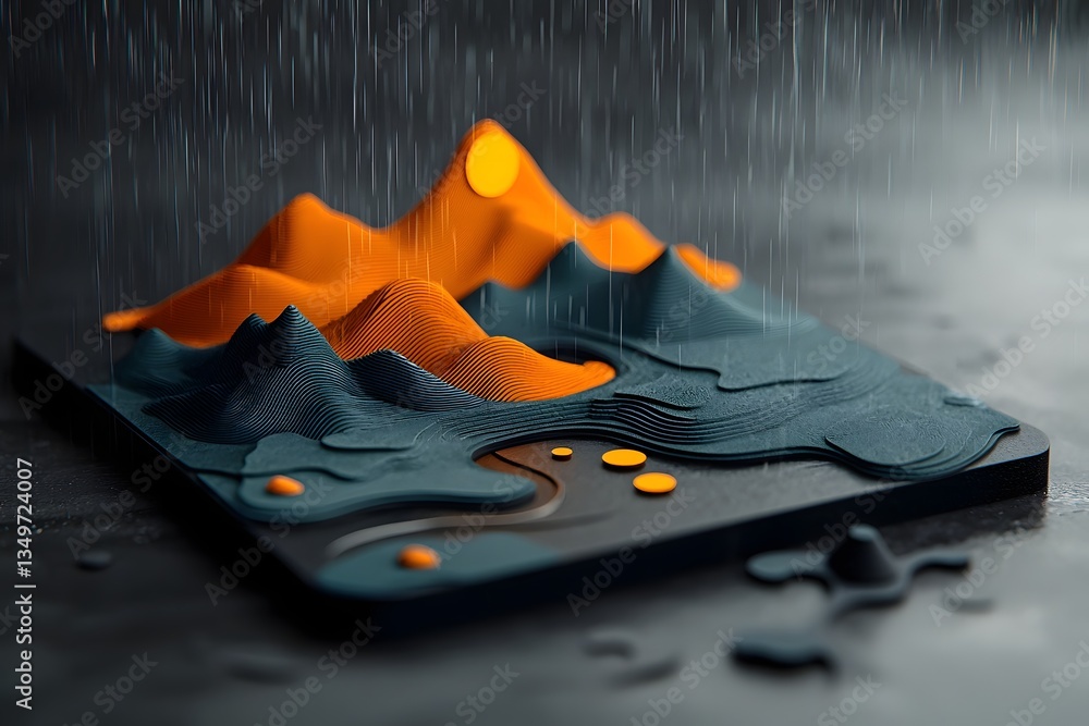 Poster fluid rainfall pattern map with undulating topographic landscape visualization generative weather da