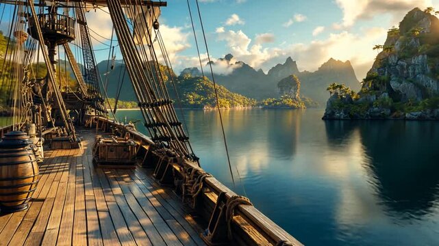 Pirate ship deck, idyllic bay, sunrise, tropical scenery, background view, possible use in travel advertising, tourism, or adventure theme
