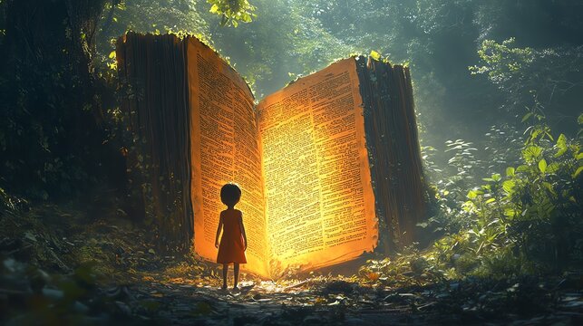 A child standing before a giant open book in a lush forest