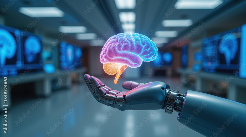 Poster robotic hand holds glowing brain, symbolizing artificial intelligence and technology. background fea