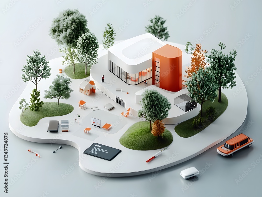 Poster futuristic 3d schematic design for a technologically advanced school campus featuring a sleek minima