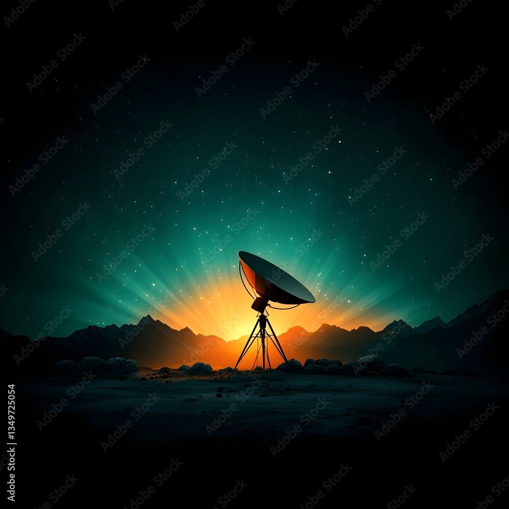 Poster futuristic antenna array broadcasting signals through a vibrant awe inspiring galactic skyscape feat