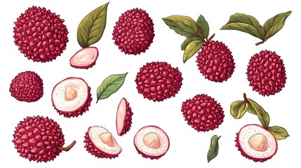 Detailed Sketch of Fresh Lychee Fruit Showing Whole, Half, Seed, and Leaves