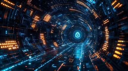 Digital Security Hologram of Virtual Lock Icon on Circuit Board with Crypto Wallet Background