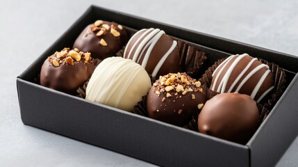 Assorted chocolates in a box on a light surface