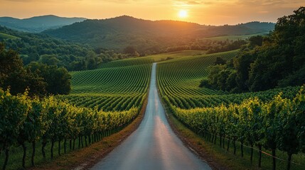 Obraz premium Scenic Vineyard Landscape at Sunrise with a Road Leading into the Distance