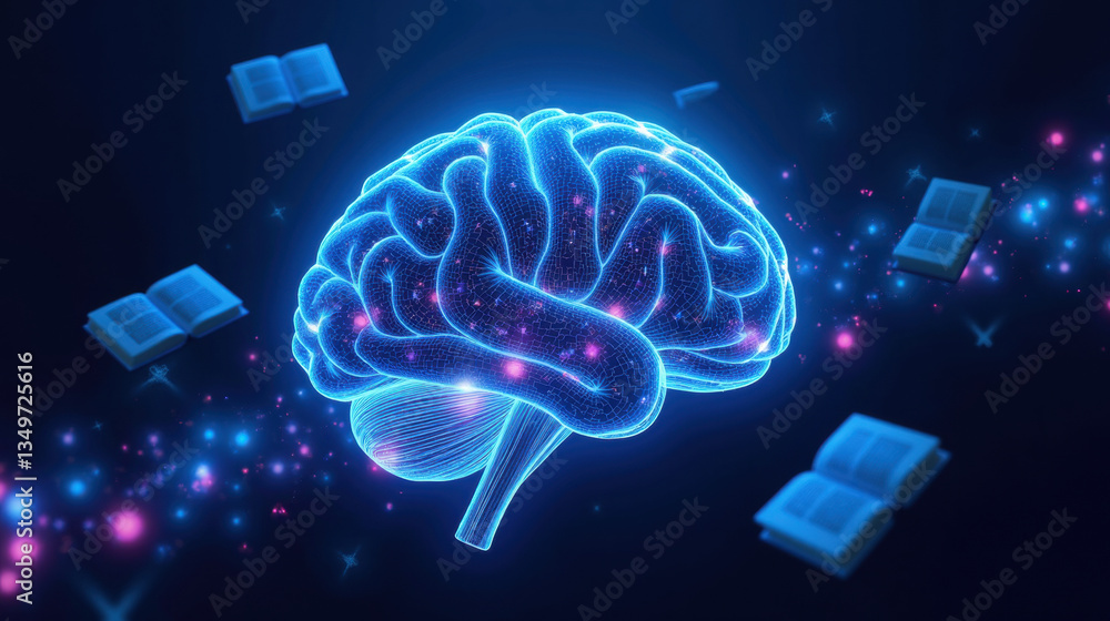 Poster glowing brain surrounded by floating books symbolizes knowledge and learning. this digital art piece