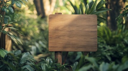 Blank wooden sign in lush jungle, sunlight, nature background, advertisement
